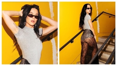 Katy Perry loves to serve bold looks. She paired a grey bodysuit top with a sheer and see-through skirt. The lace skirt's floral embellishment amp up her outfit vibes. (Instagram/@katyperry) Katy Perry loves to serve bold looks. She paired a grey bodysuit top with a sheer and see-through skirt. The lace skirt's floral embellishment amp up her outfit vibes. (Instagram/@katyperry)