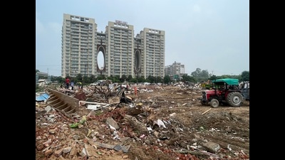 Over 150 huts illegally built on five acre Greater Mohali Area Development Authority land in front of Homeland Society, Sector 80, were demolished on Saturday with the help of Mohali police. (HT Photo) Over 150 huts illegally built on five acre Greater Mohali Area Development Authority land in front of Homeland Society, Sector 80, were demolished on Saturday with the help of Mohali police. (HT Photo)