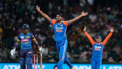 It was Arshdeep Singh who finally got the breakthrough for India, sending back Mendis on 45 off 27 balls in the ninth over. (AP) It was Arshdeep Singh who finally got the breakthrough for India, sending back Mendis on 45 off 27 balls in the ninth over. (AP)