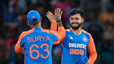 Riyan Parag then emerged as an unlikely wicket taker. He sent back Kamindu Mendis in the 17th over and then took the last two wickets off the first two balls of the last over. He finished with figures of 3/5 in 1.2 overs (AP) Riyan Parag then emerged as an unlikely wicket taker. He sent back Kamindu Mendis in the 17th over and then took the last two wickets off the first two balls of the last over. He finished with figures of 3/5 in 1.2 overs (AP)