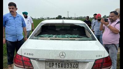 The damaged car of the arrested accused near Batala on Saturday. The damaged car of the arrested accused near Batala on Saturday.