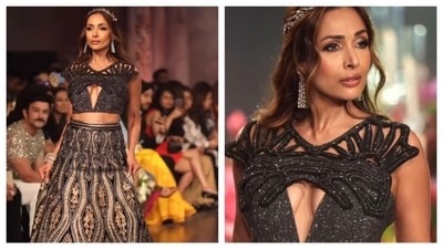 Malaika Arora walked for Madan jewellers heritage diamond jewellery at the Indian Couture Week. An absolute showstopper, she looked stunning in the unique top. The black top has an interesting design with a diamond cut out in the center. The skirt's geometrical design complements the blouse. She wore a beautiful headgear in her head, looking regal. (Instagram/@madanjewellers) Malaika Arora walked for Madan jewellers heritage diamond jewellery at the Indian Couture Week. An absolute showstopper, she looked stunning in the unique top. The black top has an interesting design with a diamond cut out in the center. The skirt's geometrical design complements the blouse. She wore a beautiful headgear in her head, looking regal. (Instagram/@madanjewellers)