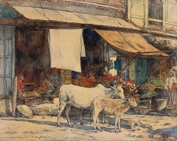 The Corner of a Fruit Market, Delhi by Mortimer Menpes
Oil and mixed media on cardboard, c. 1903 (Delhi Art Gallery) The Corner of a Fruit Market, Delhi by Mortimer Menpes
Oil and mixed media on cardboard, c. 1903 (Delhi Art Gallery)