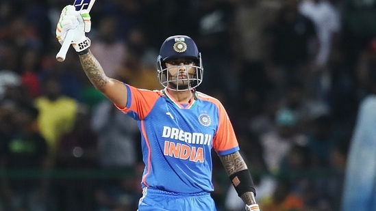 India's Suryakumar Yadav celebrate his half-century during the 1st T20I against Sri Lanka(BCCI - X)