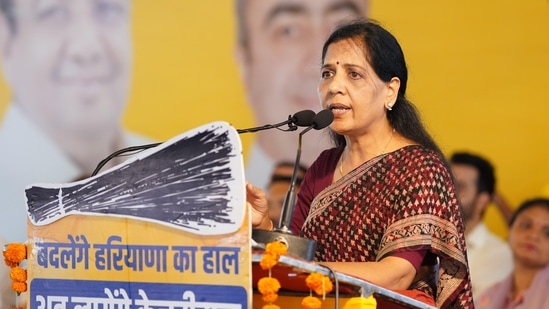 Addressing a public meeting in Yamunanagar’s Sadhaura, Sunita Kejriwal, wife of Delhi CM Arvind Kejriwal, on Saturday claimed that her husband has transformed Delhi and Punjab and now it’s time to change Haryana. (HT Photo)