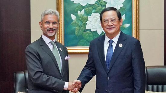 External affairs minister S Jaishankar meets Lao Prime Minister Sonexay Siphandone on the sidelines of ASEAN meetings in Vientiane on Saturday. (Image posted on X by S Jaishankar)