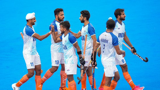 Paris: India's Harmanpreet Singh with teammates celebrates after scoring a goal from a penalty stroke against New Zealand during the Pool B hockey match between India and New Zealand, at the Summer Olympics 2024, in Paris, Saturday, July 27, 2024.(PTI)