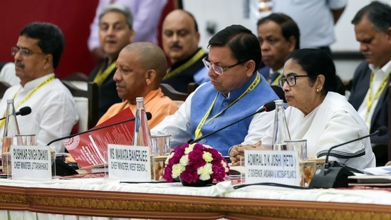 West Bengal CM Mamata Banerjee, Uttarakhand CM Pushkar Dhami and Uttar Pradesh CM Yogi Adityanath at the 9th Governing Council Meeting of NITI Aayog at Rashtrapati Bhavan Cultural Centre in New Delhi on Saturday.(ANI) West Bengal CM Mamata Banerjee, Uttarakhand CM Pushkar Dhami and Uttar Pradesh CM Yogi Adityanath at the 9th Governing Council Meeting of NITI Aayog at Rashtrapati Bhavan Cultural Centre in New Delhi on Saturday.(ANI)
