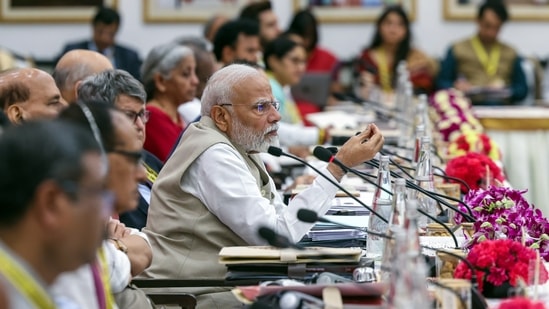 Prime Minister Narendra Modi chairs the 9th Governing Council Meeting of NITI Aayog, at Rashtrapati Bhavan Cultural Centre in New Delhi on July 27. (ANI)