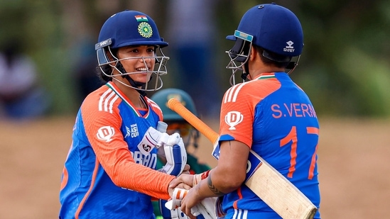 India Women's S Verma and Smriti Mandhana celebrate their win against Bangladesh Women in the 1st Semi-Final of Women's Asia Cup, in Dambulla(PTI)