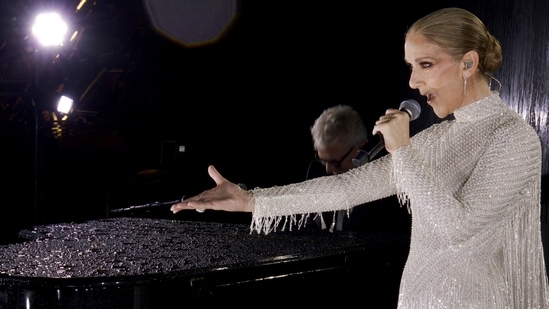 Singer Celine Dion performed at the Eiffel Tower during the opening ceremony for the 2024 Summer Olympics in Paris, France, on Friday, July 26, 2024. (Olympic Broadcasting Services via AP)(AP)