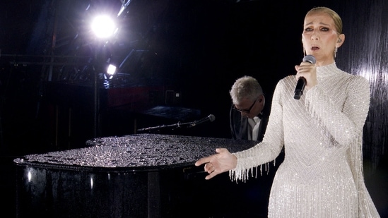 Canadian Singer Celine Dion performed on the Eiffel Tower during the opening ceremony of the Paris 2024 Olympic Games, in Paris, on July 26, 2024. She wrote an encouraging message to the athletes who were set to compete in the Olympics. (AFP)