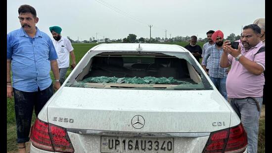 The damaged car of the arrested accused near Batala on Saturday.