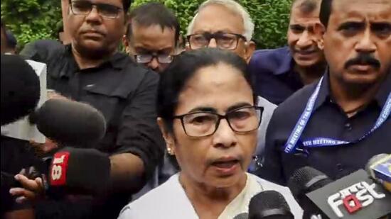 West Bengal chief minister Mamata Banerjee speaking to reporters after walking out of a Niti Aayog meeting in Delhi on Saturday. (PTI)