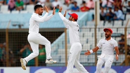 Afghanistan captain Rashid Khan celebrates during a Test against Bangladesh(Twitter/ICC)
