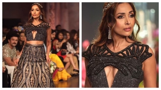 Malaika Arora, Indian Couture Week'te Madan Jewellers Heritage Diamond Jewellery için yürüdü.  Tam bir sersemleticiydi ve eşsiz zirvesinde muhteşem görünüyordu.  Siyah üst, ortasında elmas bulunan ilginç bir tasarıma sahiptir.  Eteğin geometrik tasarımı bluzu tamamlıyor.  Güzel bir başlık takıyordu ve görkemli görünüyordu.  (Instagram/@madanjewellers)