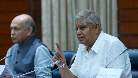 Vice President and Rajya Sabha Chairman Jagdeep Dhankhar addresses Rajya Sabha members at the inauguration of a two-day Orientation Programme for the newly-elected and nominated members of the house, in New Delhi.(PTI)