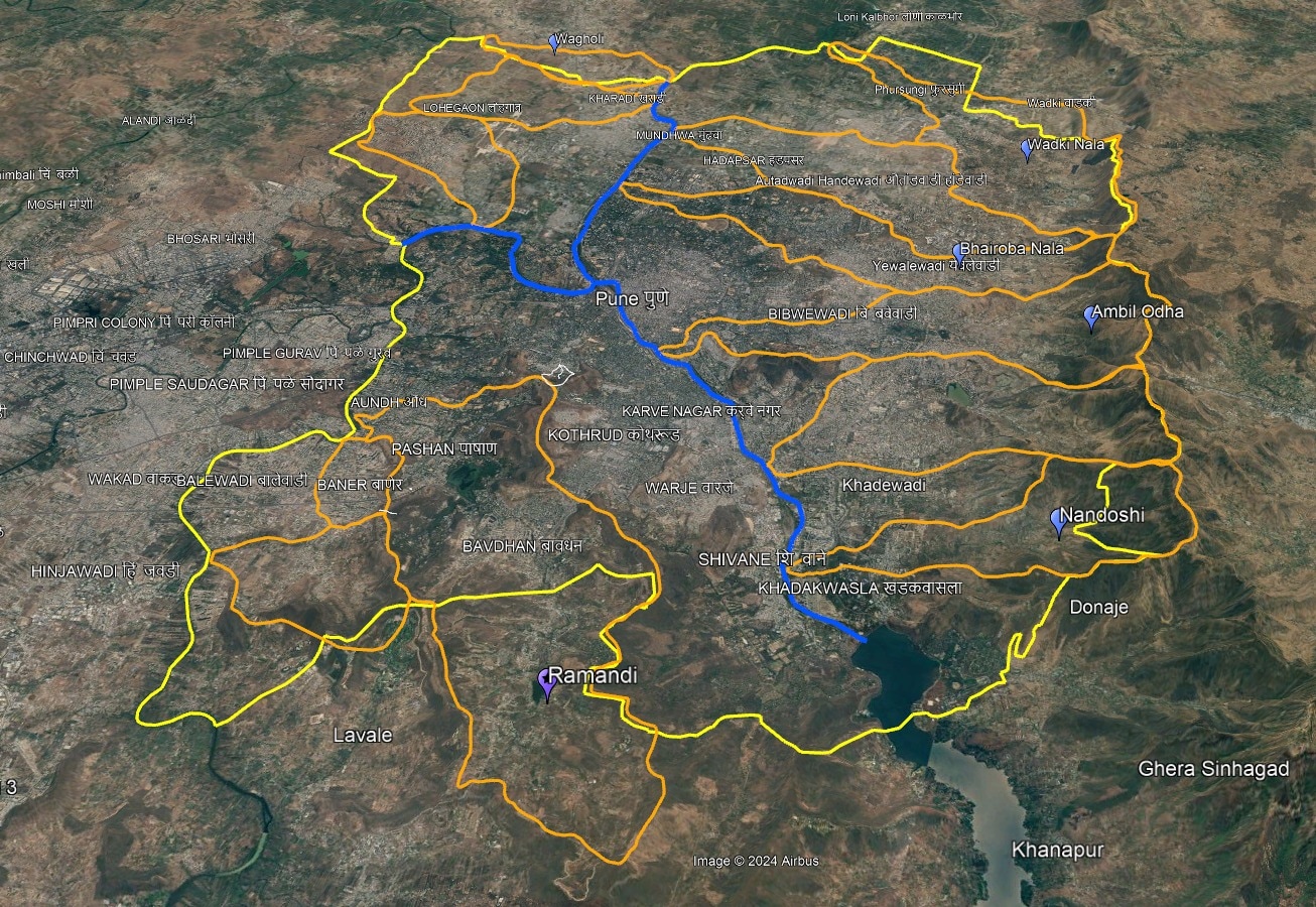 The Mula Mutha river marked in blue flows through the saucer-shaped Pune district (marked in yellow); various streams in orange connected to ghats surrounding the district.(Shrikant Gabale) The Mula Mutha river marked in blue flows through the saucer-shaped Pune district (marked in yellow); various streams in orange connected to ghats surrounding the district.(Shrikant Gabale)