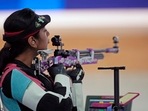 India's Ramita Jindal competes in the 10m air rifle mixed team qualification round at the 2024 Summer Olympics, Saturday, July 27, 2024