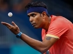 Sharath Kamal Achanta of India in action during his round of 64 match against Deni Kozul of Slovenia