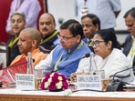 West Bengal chief minister Mamata Banerjee, Uttarakhand chief minister Pushkar Singh Dhami, Uttar Pradesh chief minister Yogi Adityanath and others during the NITI Aayog Governing Council meeting. West Bengal chief minister Mamata Banerjee, Uttarakhand chief minister Pushkar Singh Dhami, Uttar Pradesh chief minister Yogi Adityanath and others during the NITI Aayog Governing Council meeting.