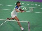 India's Sindhu Pusarla V. plays against Maldives' Fathimath Nabaaha Abdul Razzaq during the women's singles badminton group stage match at the 2024 Summer Olympics, Sunday, July 28, 2024
