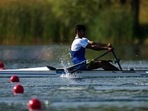 Balraj Panwar, of India, competes in the men's single scull rowing repechage at the 2024 Summer Olympics, Sunday, July 28, 2024, in Vaires-sur-Marne, France.
