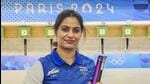 Manu Bhaker at the 10m Air Pistol Women's Final event at the Summer Olympics 2024, in Chateauroux, France, on Sunday. (PTI) Manu Bhaker at the 10m Air Pistol Women's Final event at the Summer Olympics 2024, in Chateauroux, France, on Sunday. (PTI)