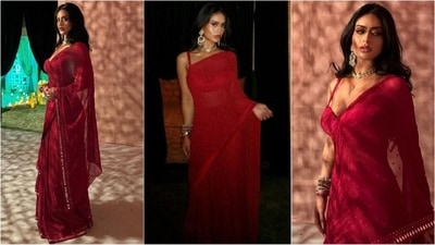 Bollywood star Ajay Devgan's daughter Nysa Devgan mesmerises in a ₹165,000 red saree by Arpita Mehta. (Instagram/@radhikamehra) Bollywood star Ajay Devgan's daughter Nysa Devgan mesmerises in a ₹165,000 red saree by Arpita Mehta. (Instagram/@radhikamehra)