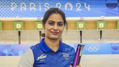 Manu Bhaker at the 10m Air Pistol Women's Final event at the Summer Olympics 2024, in Chateauroux, France, on Sunday. (PTI) Manu Bhaker at the 10m Air Pistol Women's Final event at the Summer Olympics 2024, in Chateauroux, France, on Sunday. (PTI)