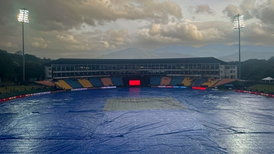 Rain first caused a delay in the toss. The start of the match had to be pushed back by 45 minutes but no overs were lost at the time. (PTI) Rain first caused a delay in the toss. The start of the match had to be pushed back by 45 minutes but no overs were lost at the time. (PTI)