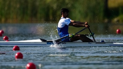 Balraj Panwar, of India, competes in the men's single scull rowing repechage at the 2024 Summer Olympics, Sunday, July 28, 2024, in Vaires-sur-Marne, France. (AP)