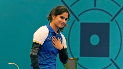 India's Manu Bhaker celebrates after winning the bronze medal in the 10m air pistol women's final round at the 2024 Summer Olympics (AP) India's Manu Bhaker celebrates after winning the bronze medal in the 10m air pistol women's final round at the 2024 Summer Olympics (AP)
