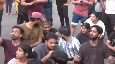 Students protesting outside the coaching centre on Sunday morning (ANI) Students protesting outside the coaching centre on Sunday morning (ANI)