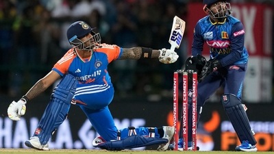 India came out swinging upon resumption. Sanju Samson, who opened in place of the injured Shubman Gill, fell for a golden duck after which Suryakumar Yadav and Yashasvi Jaiswal ended any chances Sri Lanka may have seen of restricting the Indian batters. (AP) India came out swinging upon resumption. Sanju Samson, who opened in place of the injured Shubman Gill, fell for a golden duck after which Suryakumar Yadav and Yashasvi Jaiswal ended any chances Sri Lanka may have seen of restricting the Indian batters. (AP)