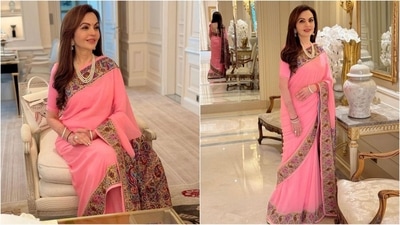 Nita Ambani dazzled in a stunning lotus pink saree by Manish Malhotra at the Paris Olympics 2024. (Instagram/@manishmalhotra05) Nita Ambani dazzled in a stunning lotus pink saree by Manish Malhotra at the Paris Olympics 2024. (Instagram/@manishmalhotra05)