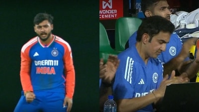 Riyan Parag celebrates aggressively after picking up his maiden wicket, coach Gambhir reacts from dugout Riyan Parag celebrates aggressively after picking up his maiden wicket, coach Gambhir reacts from dugout