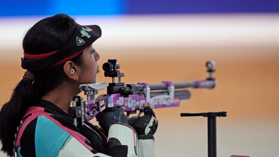 India's Ramita Jindal competes in the 10m air rifle mixed team qualification round at the 2024 Summer Olympics, Saturday, July 27, 2024(AP)