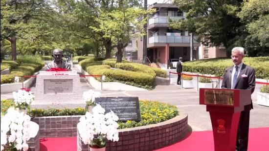 External affairs minister S Jaishankar speaks during the unveiling of Mahatma Gandhi’s bust in Tokyo on Sunday. (PTI)