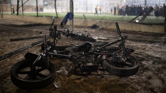 Bicycles sit next to the area that was hit by a rocket that killed multiple children and teenagers at a soccer field in the Druze town of Majdal Shams, in the Israeli-annexed Golan Heights, Saturday, July 27, 2024. (AP Photo/Leo Correa)