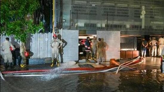 NDRF, fire services at the incident scene in Old Rajinder Nagar (HT Photo)