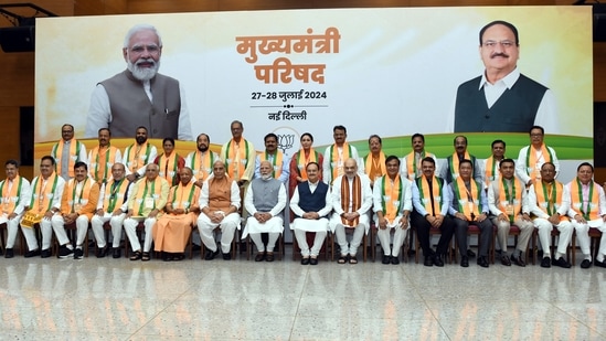 PM Narendra Modi with Union home minister Amit Shah and others during a meeting with CMs and deputy CMs of BJP-ruled states at party headquarters in New Delhi on Sunday. (Hindustan Times)