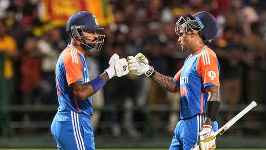 India's Suryakumar Yadav and Hardik Pandya during the first T20 International against Sri Lanka at the Pallekele International Cricket Stadium(PTI)