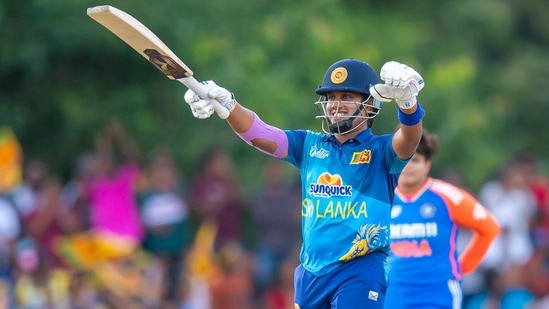 Sri Lanka's captain Chamari Athapaththu celebrates her half-century during the Women's Asia Cup final.(PTI)