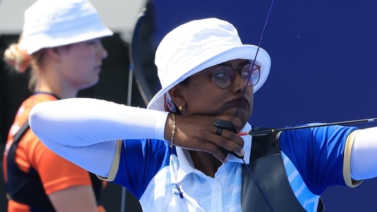 Deepika Kumari of India comeptes during the Women Team Quarterfinal match against Netherlands of the Archery competitions in the Paris 2024 Olympic Games