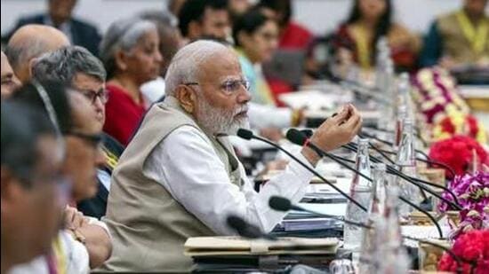 Prime Minister Narendra Modi chairs the 9th Governing Council Meeting of NITI Aayog in Delhi on Saturday (ANI Photo)