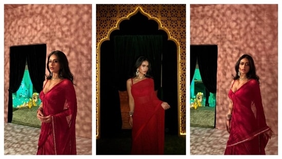 Nysa Devgan turned up the heat as she dazzled in a red saree with tiny mirror-like embellishments in the borders. The gen Z icon went full-on glam with golden jhumkas, chunky bangles and a choker necklace. (Instagram/@radhikamehra)
