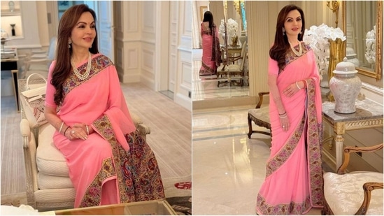 Nita Ambani dazzled in a stunning lotus pink saree by Manish Malhotra at the Paris Olympics 2024.(Instagram/@manishmalhotra05)