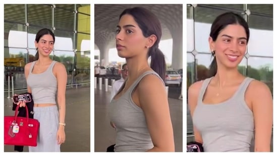 Khushi Kapoor's airport looks gave major lessons in comfy wear. She opted for grey overalls, grey crop top and matching pants. Her makeup was natural, with rosy tints on her cheeks and lips. For a splash of colour, she carried a bright red bag with her. (Instagram@/varindertchawla)
