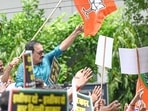 Delhi BJP president Virendra Sachdeva leads a protest outside the Aam Aadmi Party office in New Delhi on Monday. (Ajay Aggarwal/HT Photo) Delhi BJP president Virendra Sachdeva leads a protest outside the Aam Aadmi Party office in New Delhi on Monday. (Ajay Aggarwal/HT Photo)